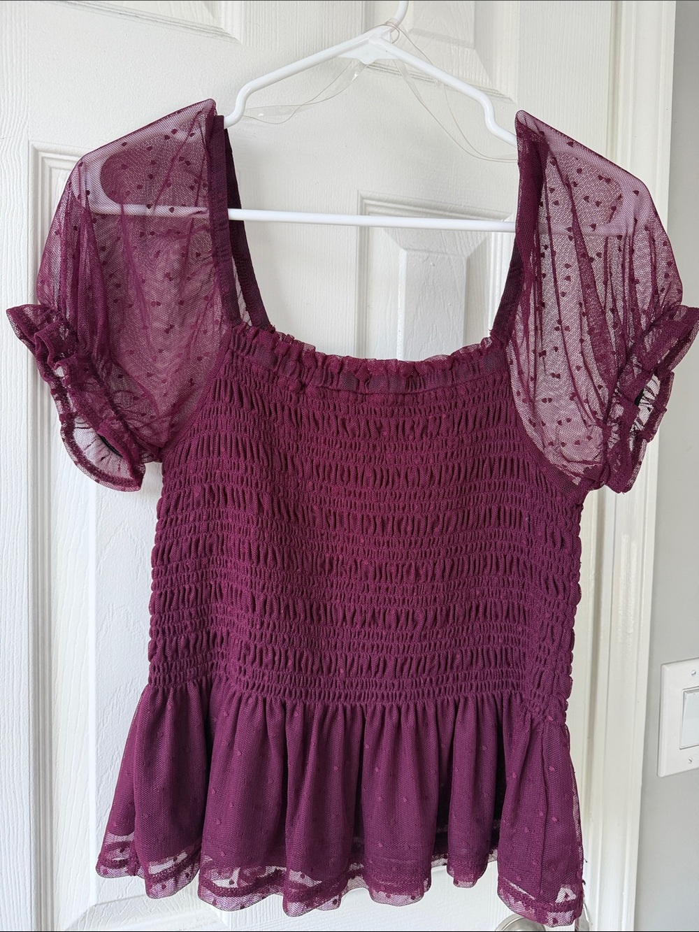 Moa Moa Burgundy Smocked Peplum Top with Sheer Puff Sleeves